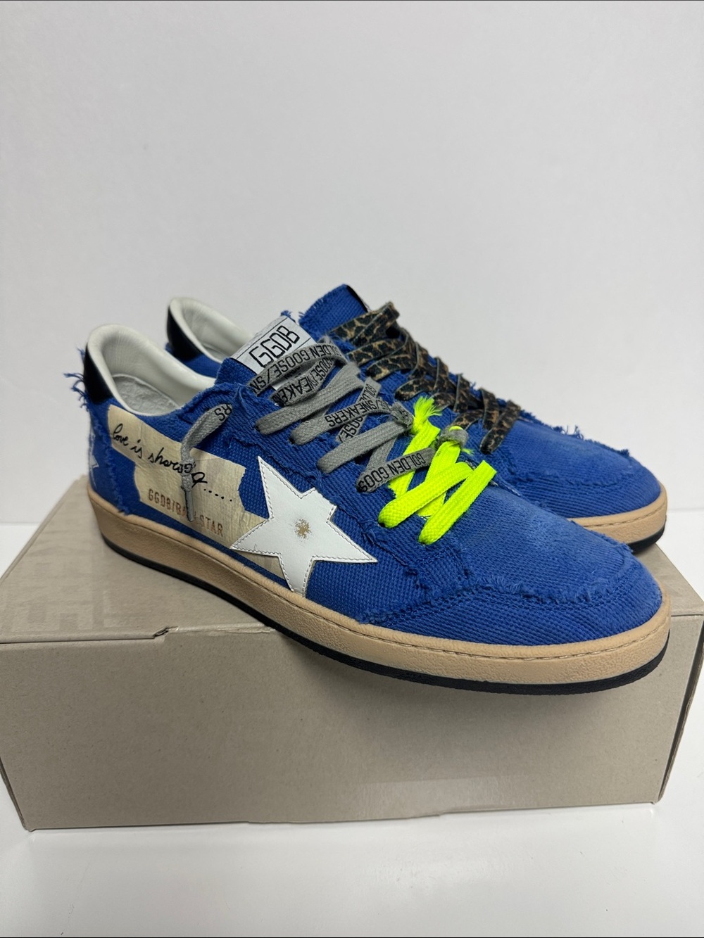 Golden Goose Blue Canvas Star Low-Top Sneakers with Neon Yellow Laces